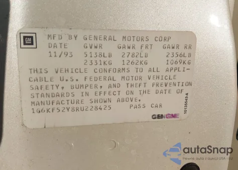 1994 Cadillac Deville Concours из США, поврежденный, VIN 1G6KF52Y8RU228425